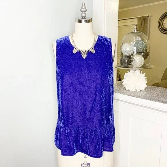 J. Crew Sleeveless Velvet Scoop Neck Popover Tank Top Ruffled Hem Cobalt Blue 0 - Picture 3 of 12